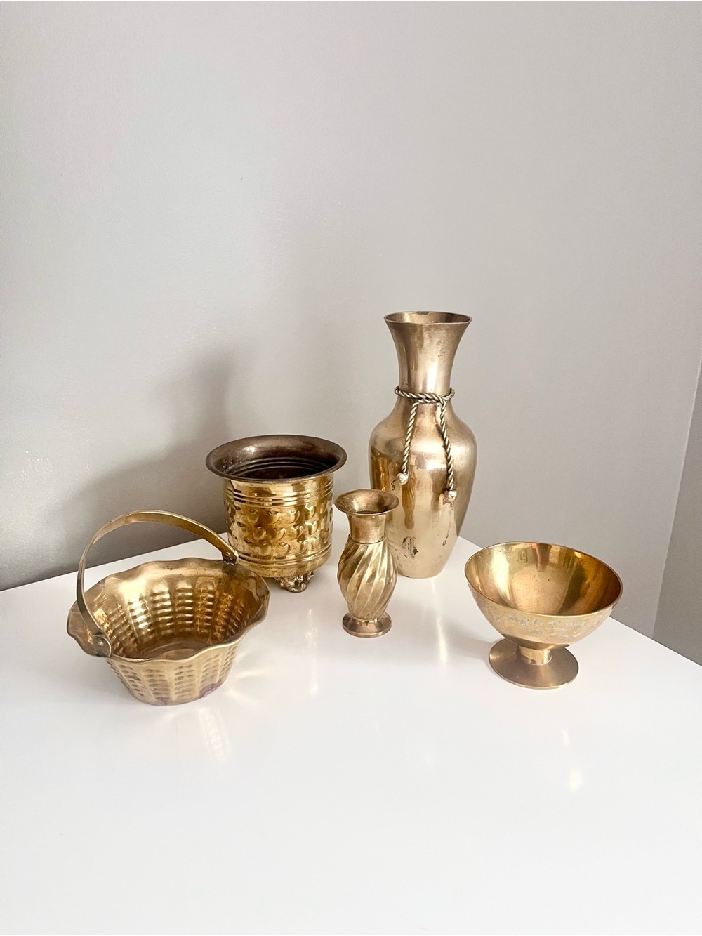 Vintage Brass Lot Vase Planter Basket Cottagecore